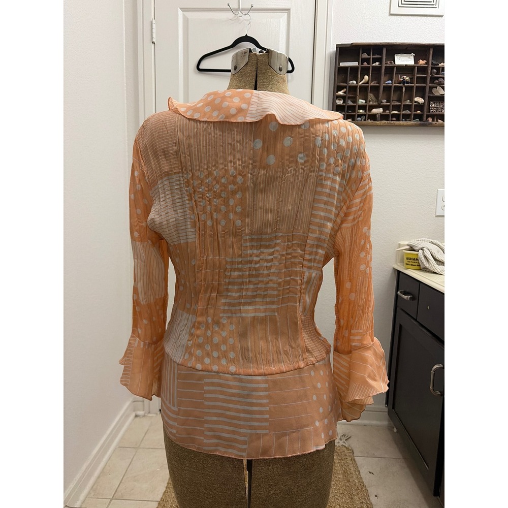 Blouse Ruffle Y2K Aesthetic Sheer Orange Women Patchwork Polka Dot Stripe V-Neck - Picture 7 of 10